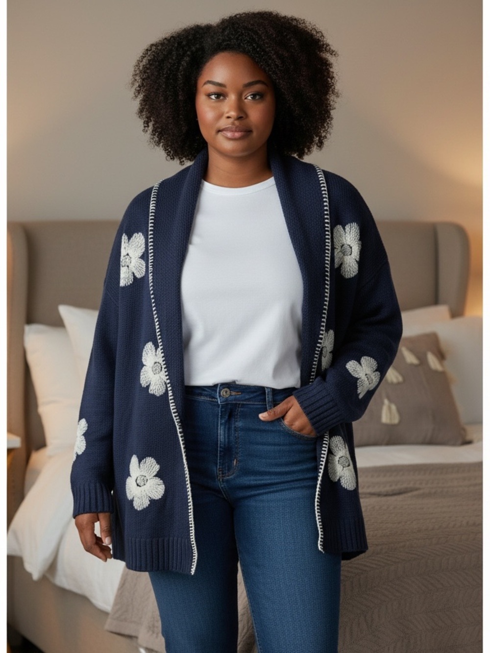 Lane Bryant Navy Open-Front Cardigan with Cream Floral Knit 18/20 New